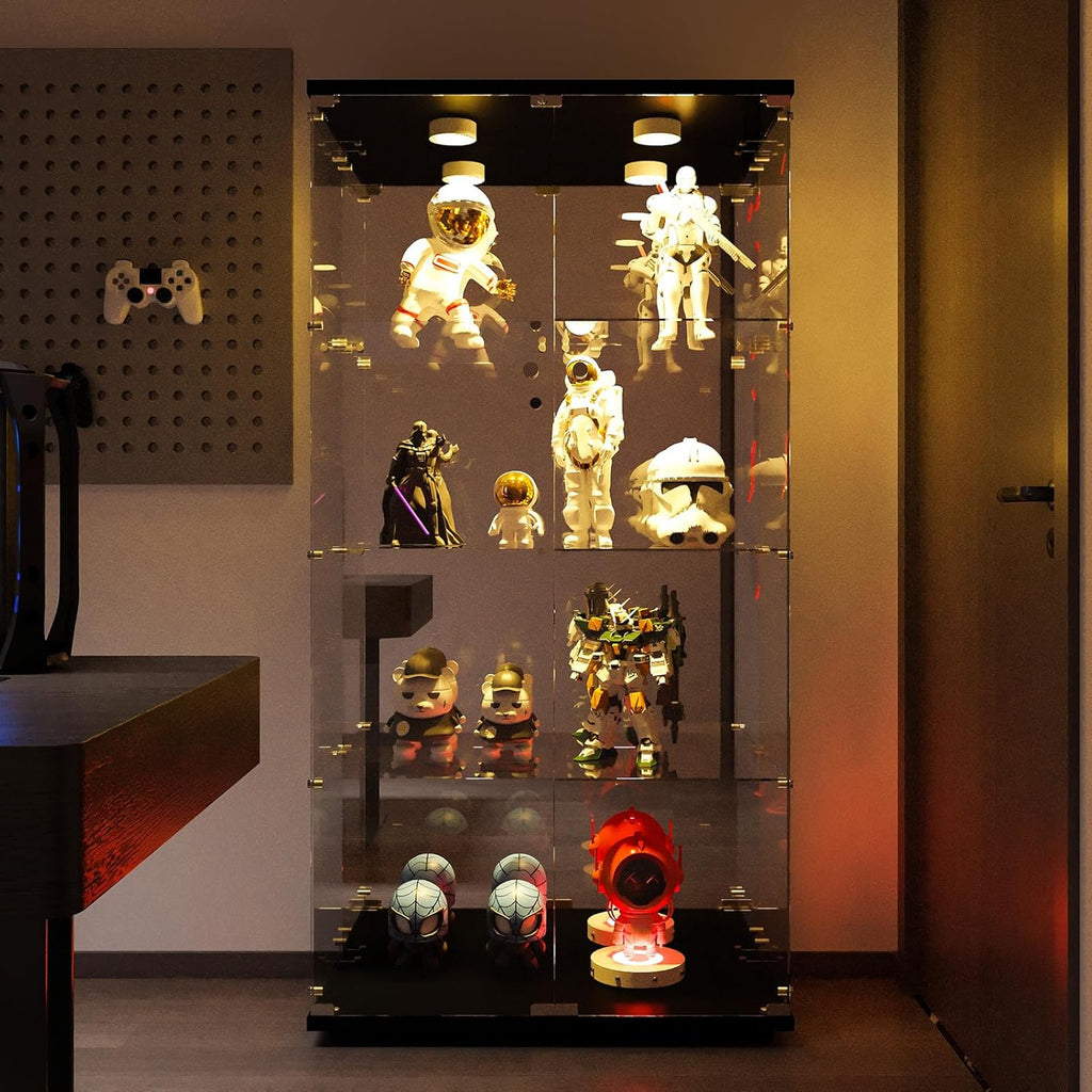 Vitrina Cristal Expositora con Luz, Puerta Cerradura, 4 estantes - Grande Vitrina de Colecciones,Vitrina de pie para Sala Oficina(Espalda Espejo)