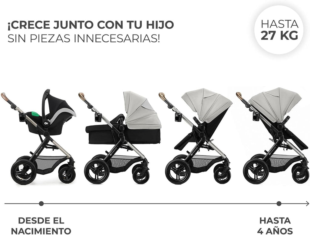 Kinderkraft MOOV XL 3 en 1, Carrito bebé hasta 27 kg, Carro, Con Asiento I-SIZE 40-75 cm, Plegable, Amortiguación, Convertible, Capazo XL, Con accesorios, Gris Claro