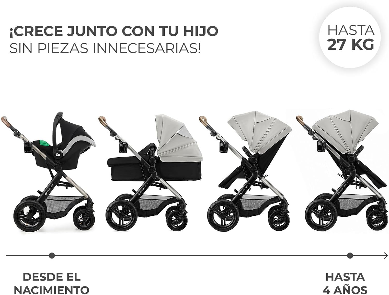Kinderkraft MOOV XL 3 en 1, Carrito bebé hasta 27 kg, Carro, Con Asiento I-SIZE 40-75 cm, Plegable, Amortiguación, Convertible, Capazo XL, Con accesorios, Gris Claro
