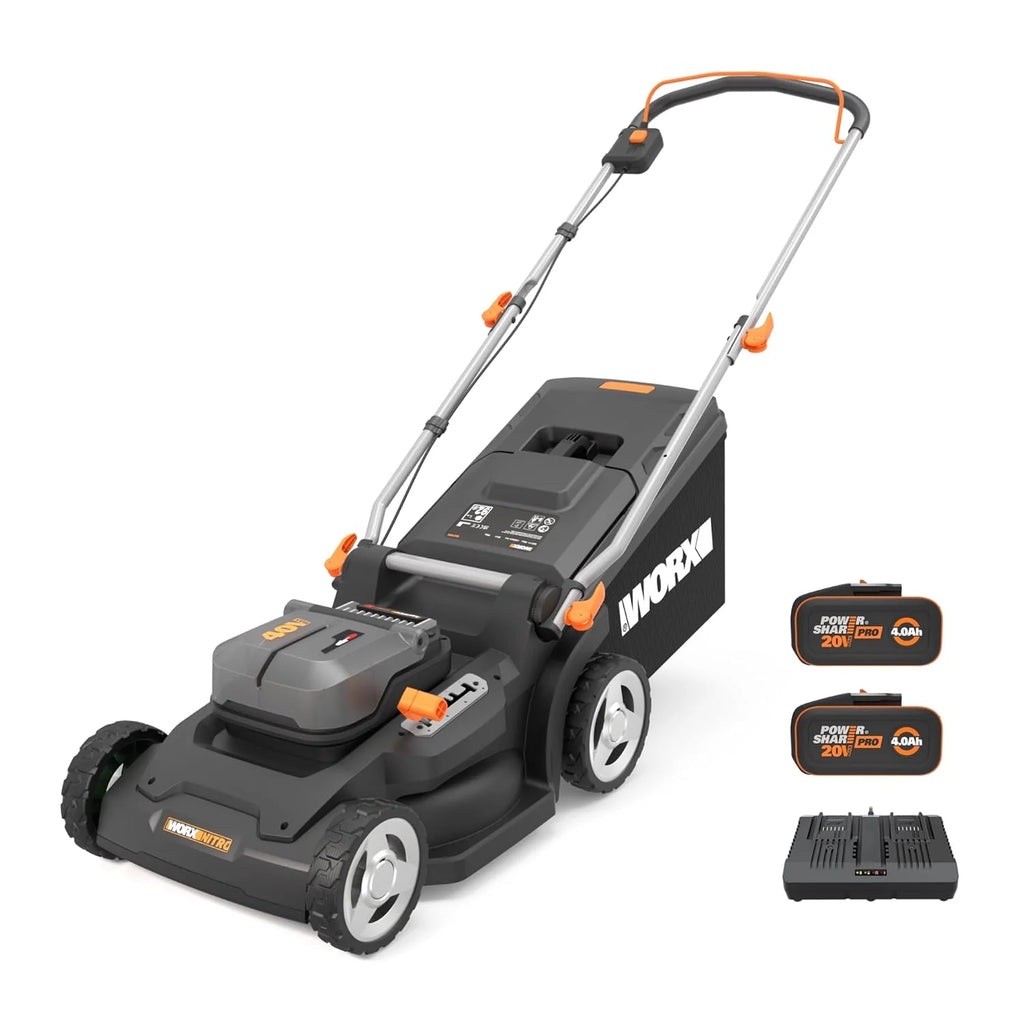 WORX WG737E Nitro Lawn Mower with Battery 40 V (2 x 20 V), Powerful Brushless Motor, Cutting Width 37 cm, 6 Levels of Cutting Height (20 – 70 mm), 40 L Grass Catcher Sack