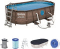 BESTWAY - Piscina Desmontable Tubular Power Steel 427x250x100 cm Depuradora Cartucho 2.006 l/h Escalera y Cobertor Diseño Rattan