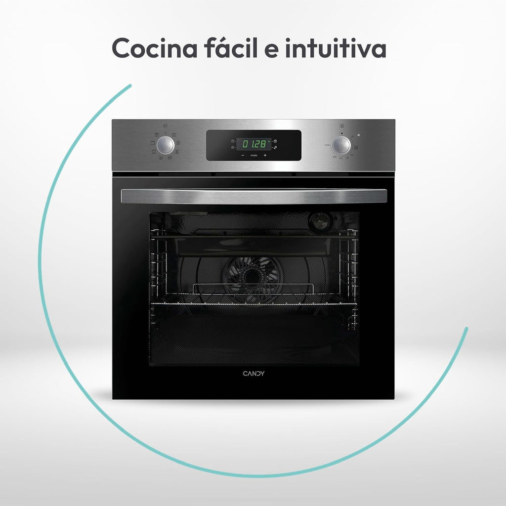 Candy FIDCP X625 L, Horno Multifunción, 70L, Bandeja y Rejilla, Limpieza Aquactiva, Convección + Ventilador radial, 8 Funciones, Display Timer Touch, Mandos Push&Pull, Puerta 2 Cristales, Inox y Negro