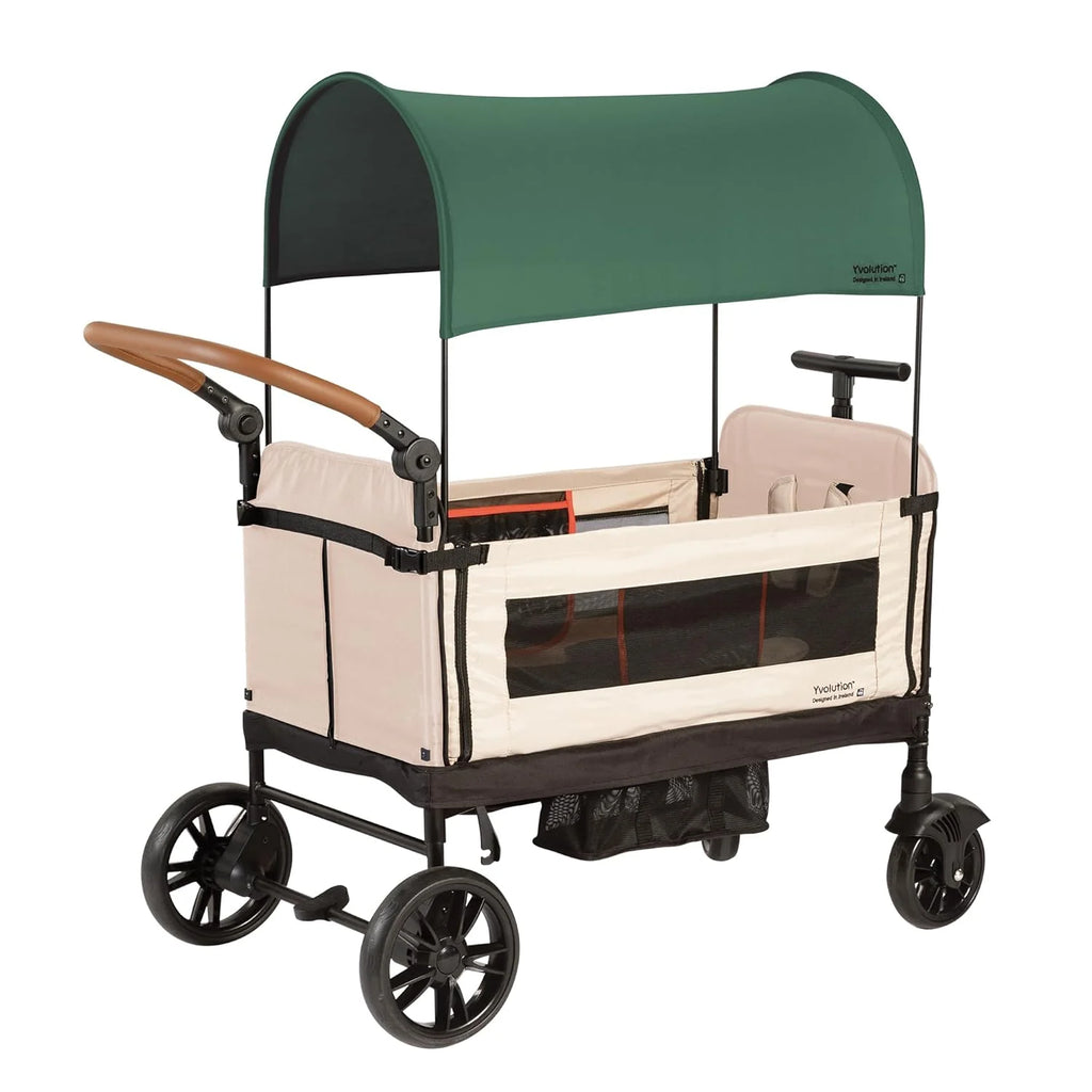 Yvolution Easy Folding and Storage Wagon with Awning - Folding Wagon for Kids, Cargo and Garden, Side Opening Cart for 2 Kids, Adjustable Push and Pull Handle, Front Door with