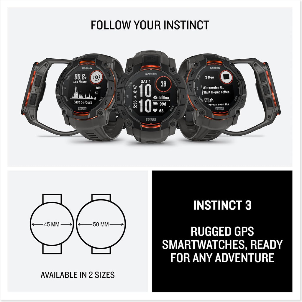 Garmin Instinct 3 GPS 50mm Smartwatch, Solar, Black Bezel