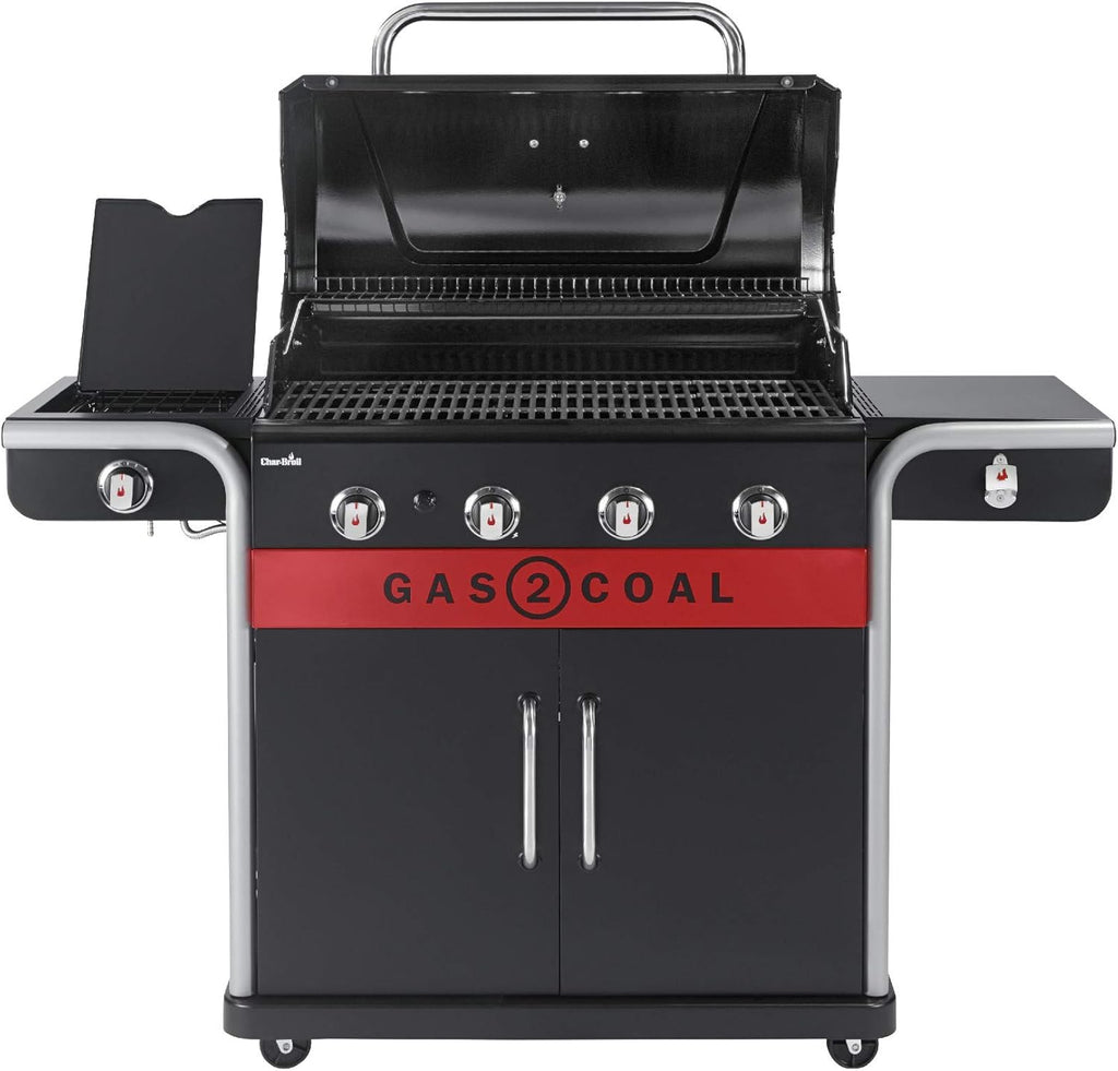 Char-Broil Barbacoa de Gas Gas2Coal 2.0 440 - Barbacoa híbrida de 4 quemadores con 2 bandejas para carbón patentadas, 2 grandes puertas - Ideal para cocinar al aire libre, jardín y patio