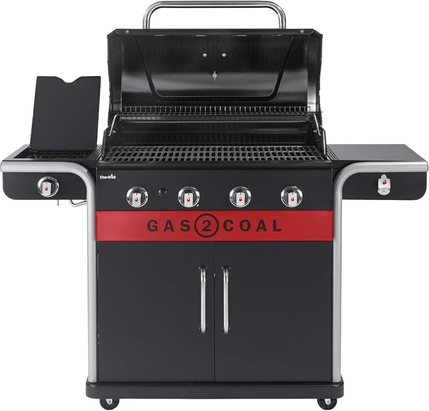 Char-Broil Barbacoa de Gas Gas2Coal 2.0 440 - Barbacoa híbrida de 4 quemadores con 2 bandejas para carbón patentadas, 2 grandes puertas - Ideal para cocinar al aire libre, jardín y patio