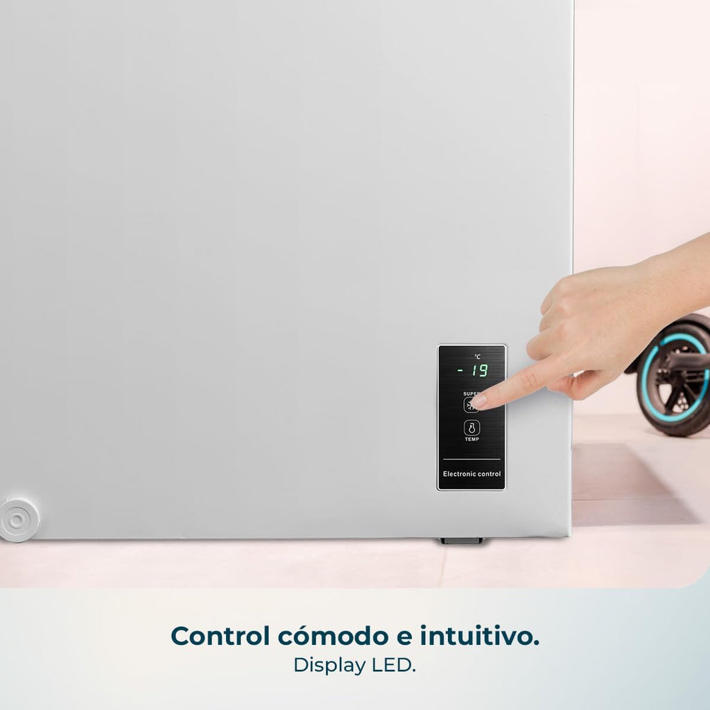 Cecotec Congelador Horizontal 143L Bolero CoolMarket Chest 143P White E. Cesta con Asas, Control Electrónico LED, UltraContact D-Cool, Dual Function, Puerta ZeroG (80º-30º), Fast Freezing, Compacto