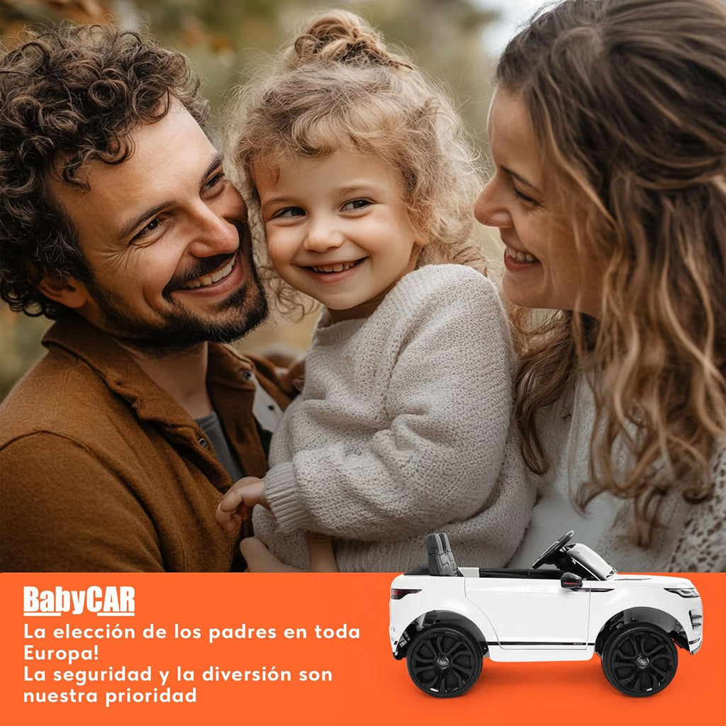 BabyCar Range Rover | Coche electrico para niños 12V con 2 Motores 35W | Coche Bateria con Mando Niño, Asiento de Piel, Puertas abatibles, MP4/USB | Licencia Oficial | Blanco