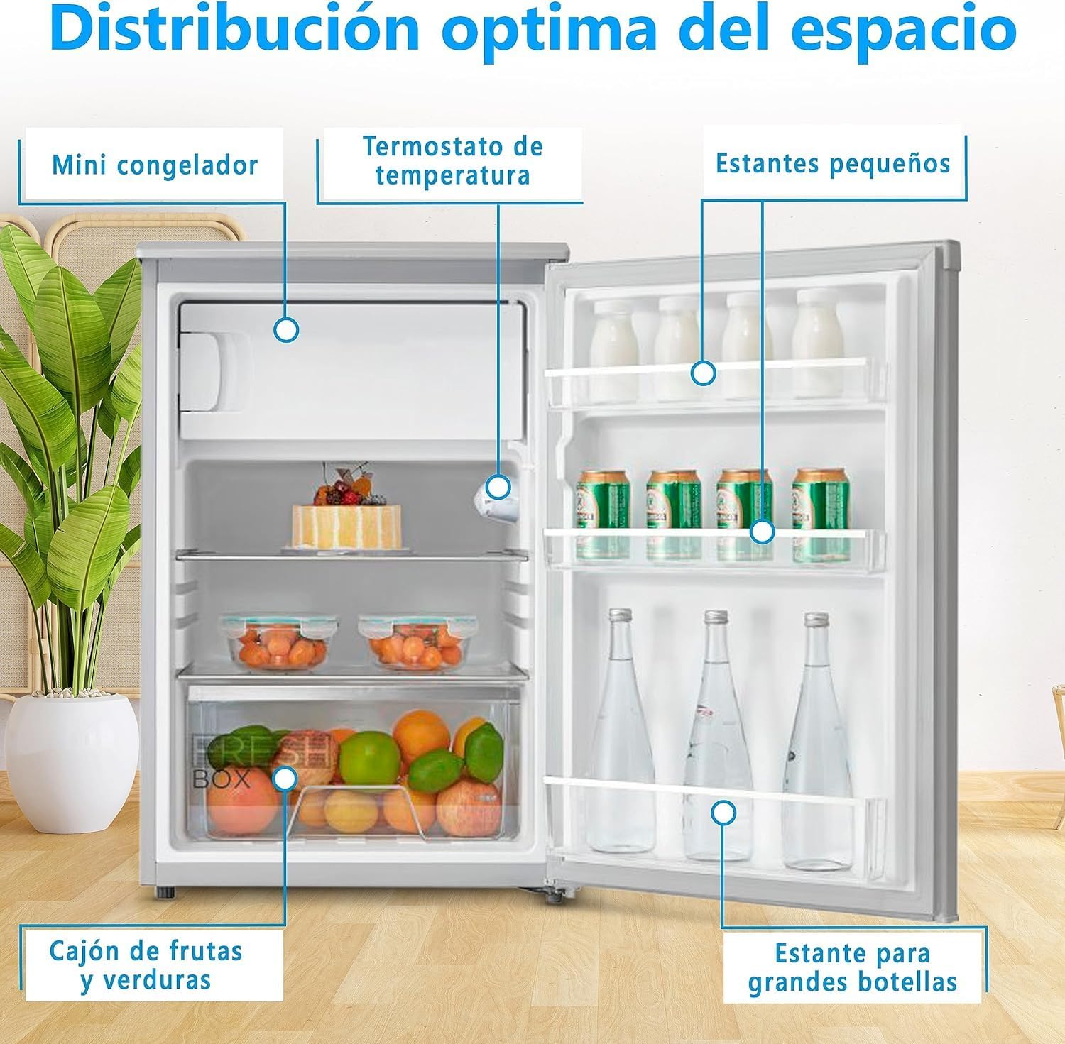 Midea Nevera pequeña 113L con Congelador - Mini frigorífico pequeño para la Habitación/Caravana/Camping - Mini Bar Bajo Consumo - Frigorifico Bajo Encimera Silencioso 39dB + Congelador -16º/-24º