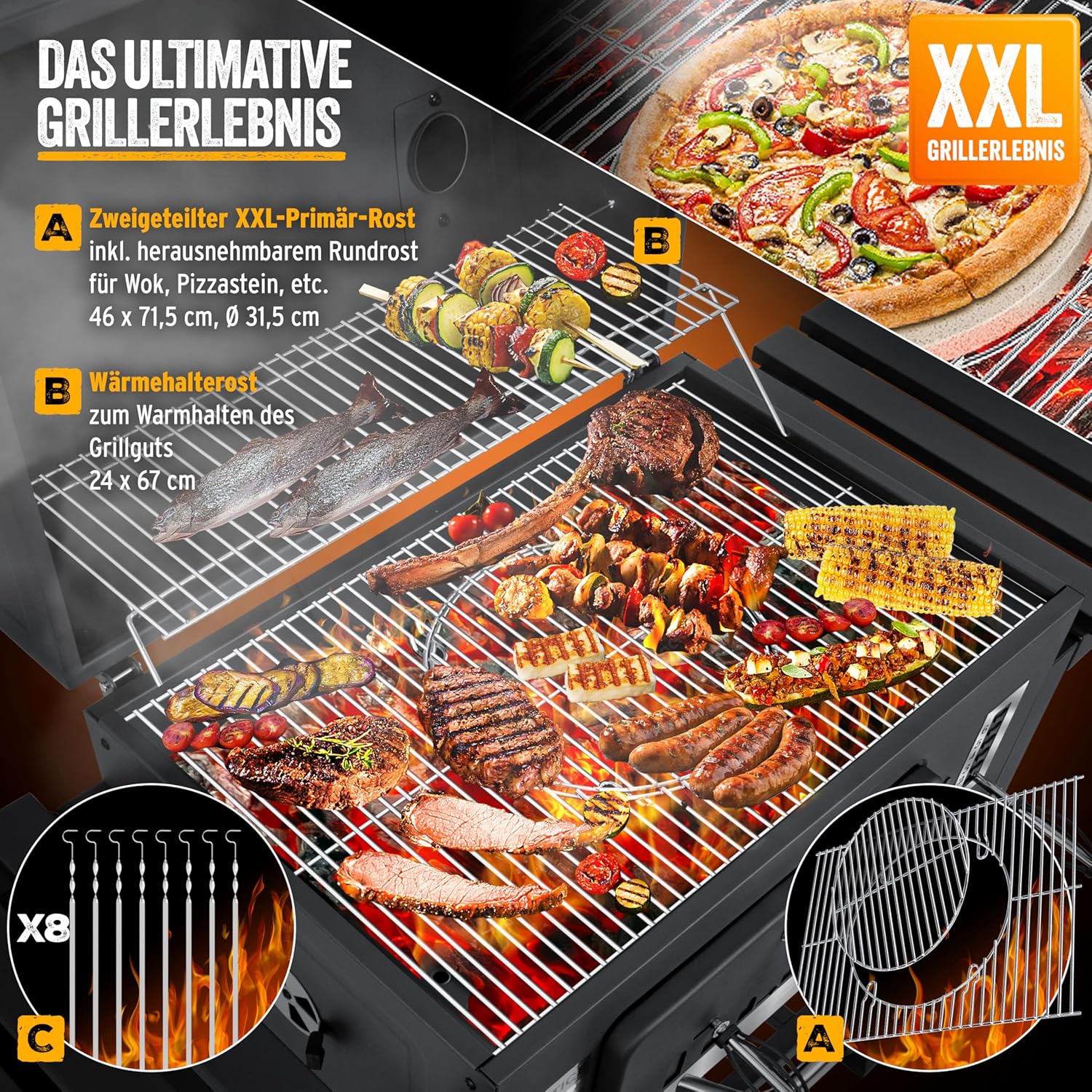KESSER® Parilla de Carbón con Carrito Grill con Tapa, Ruedas, Mango de Acero Inoxidable | Barbacoa y Termómetro Carbón Grande BBQ Asador Camping, Terraza, Jardín XXL Gris