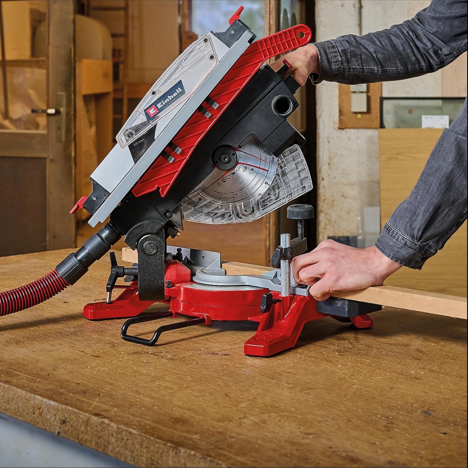 Einhell Sierra ingletadora y tronzadora y mesa TE-MS 216 T (1500W, hoja de sierra de Ø216mm, ancho de corte 120mm, profundidad 55mm, incl. láser de línea de corte, func. de sierra circular de mesa)