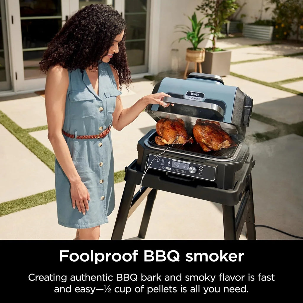 2026 Parrilla y ahumador exterior Ninja Woodfire Pro XL, termómetro, master grill 4 en 1, barbacoa ahumador, freidora de aire exterior, horno, portátil, parrilla eléctrica, gris oscuro, modelo OG850