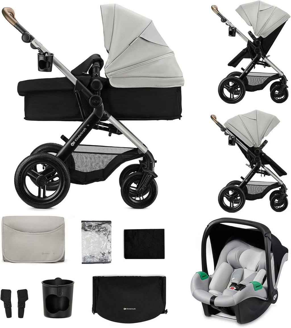 Kinderkraft MOOV XL 3 en 1, Carrito bebé hasta 27 kg, Carro, Con Asiento I-SIZE 40-75 cm, Plegable, Amortiguación, Convertible, Capazo XL, Con accesorios, Gris Claro