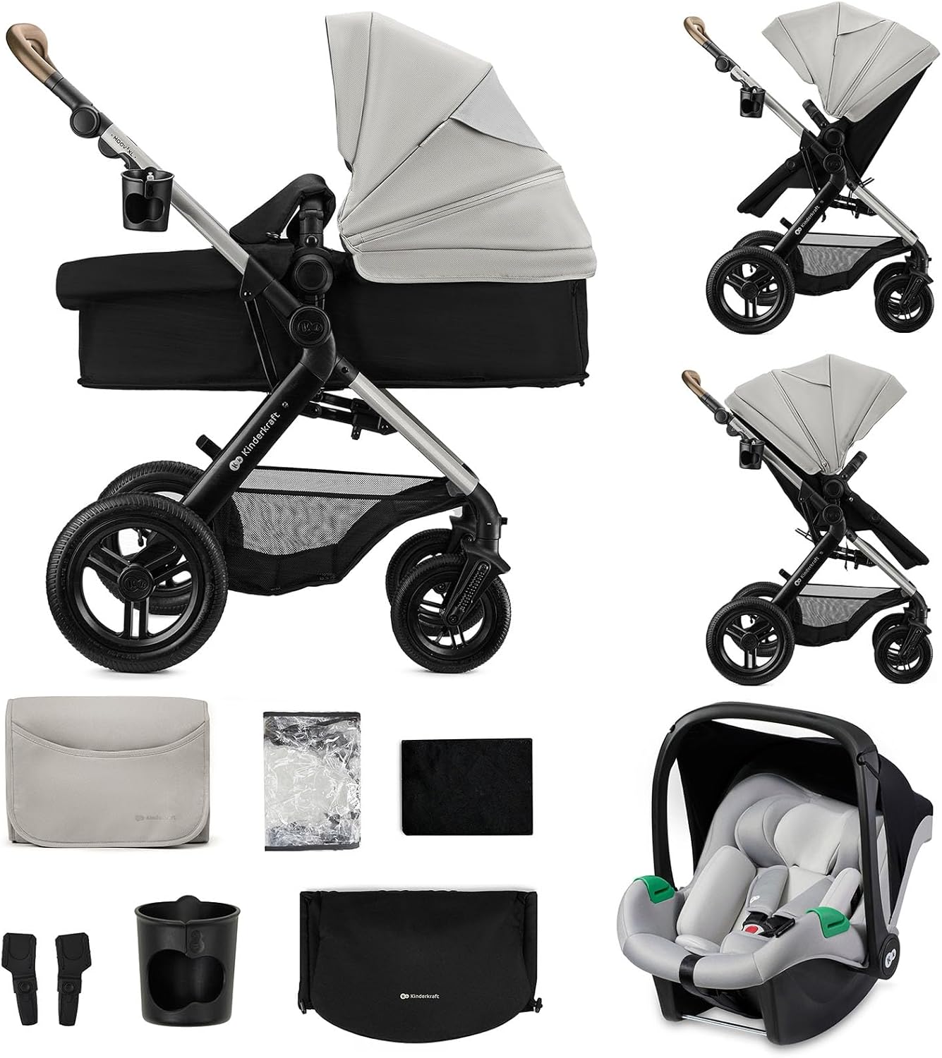 Kinderkraft MOOV XL 3 en 1, Carrito bebé hasta 27 kg, Carro, Con Asiento I-SIZE 40-75 cm, Plegable, Amortiguación, Convertible, Capazo XL, Con accesorios, Gris Claro